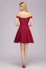 Burgundy Off The Shoulder Chiffon A-Line Short Bridesmaid Dress Back View