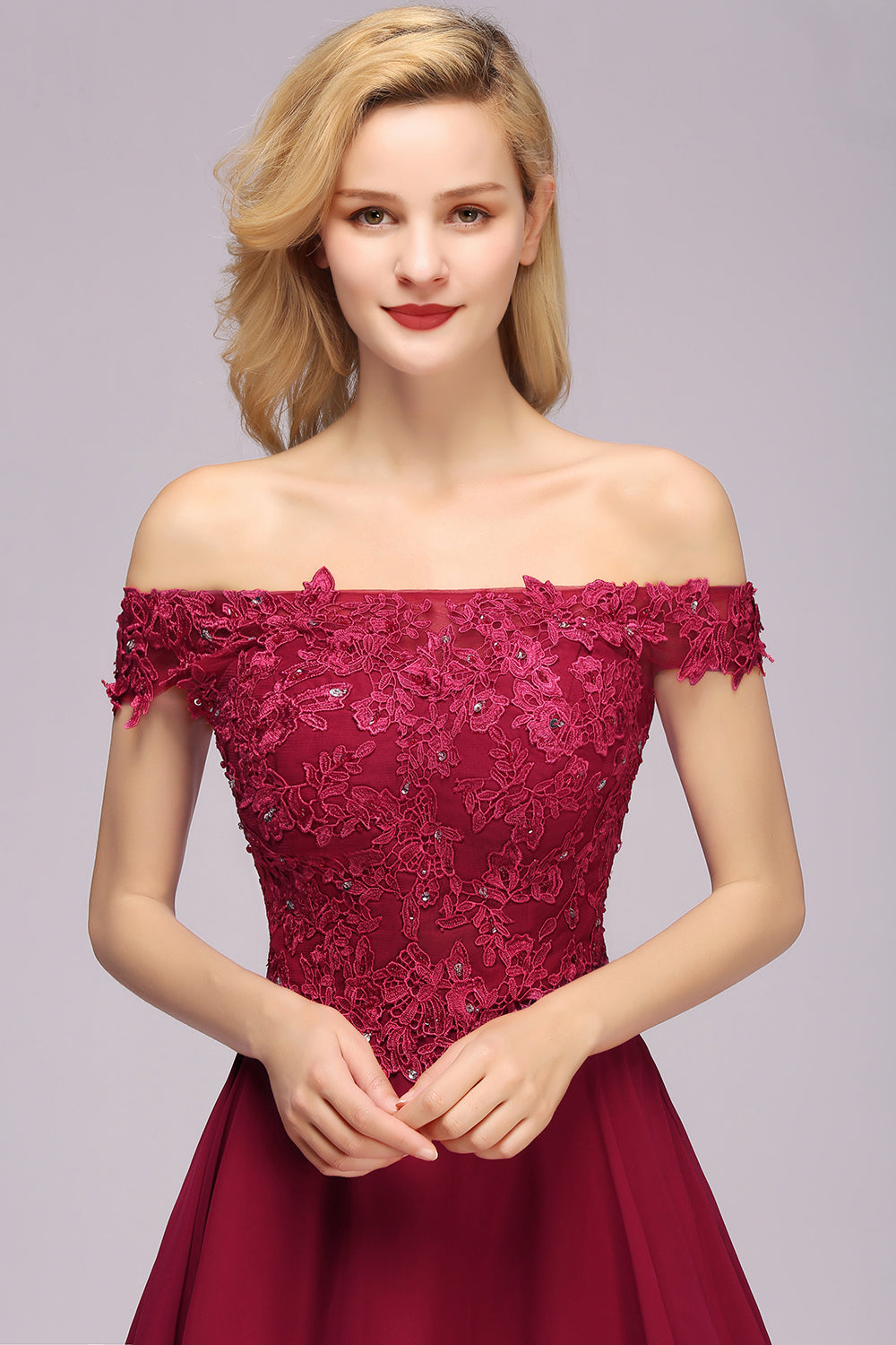 Burgundy Off The Shoulder Chiffon A-Line Short Bridesmaid Dress Bodice Detail