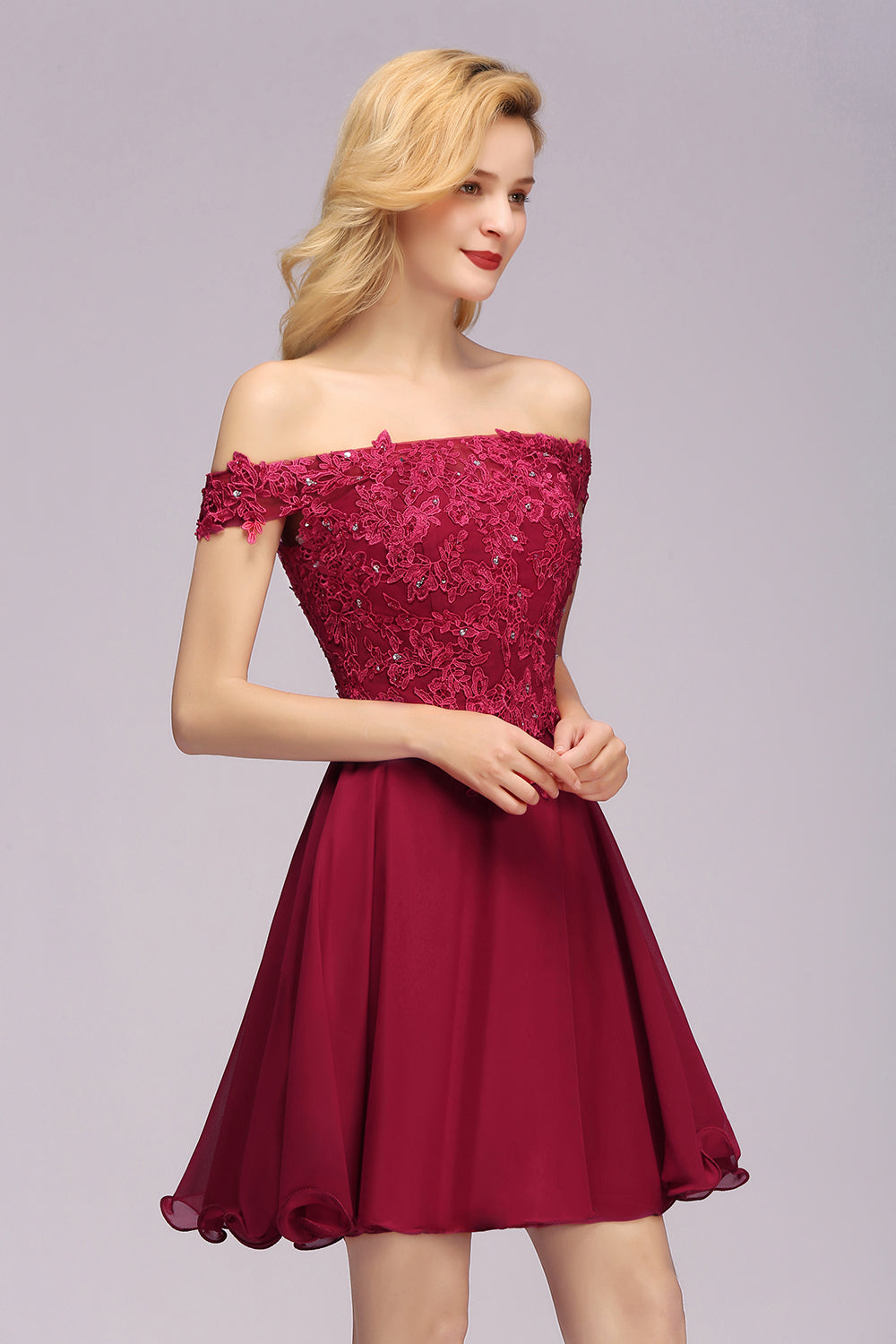 Burgundy Off The Shoulder Chiffon A-Line Short Bridesmaid Dress Side View