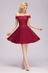 Burgundy Off The Shoulder Chiffon A-Line Short Bridesmaid Dress