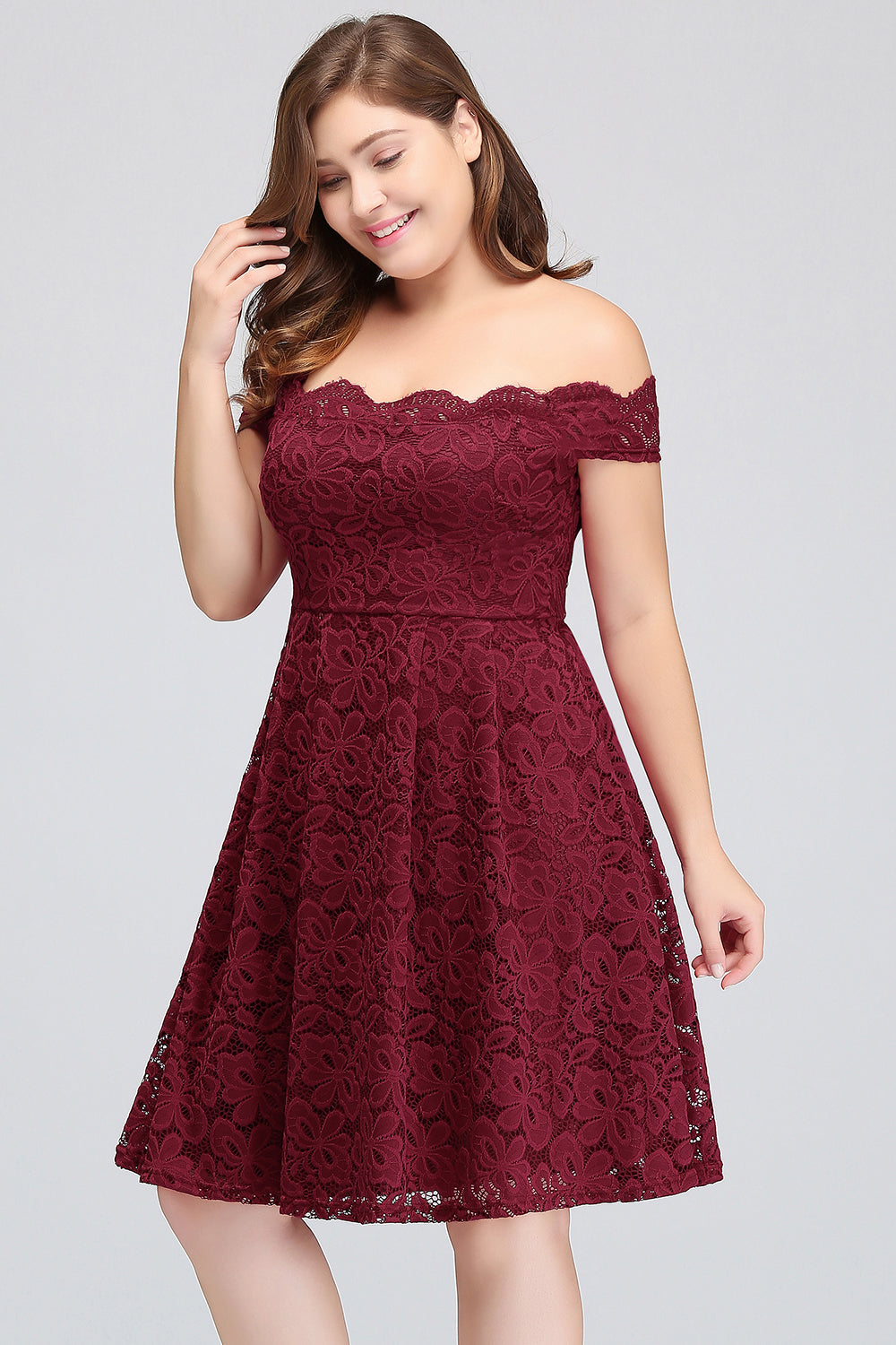 Burgundy Off The Shoulder Lace A-Line Bridesmaid Dress