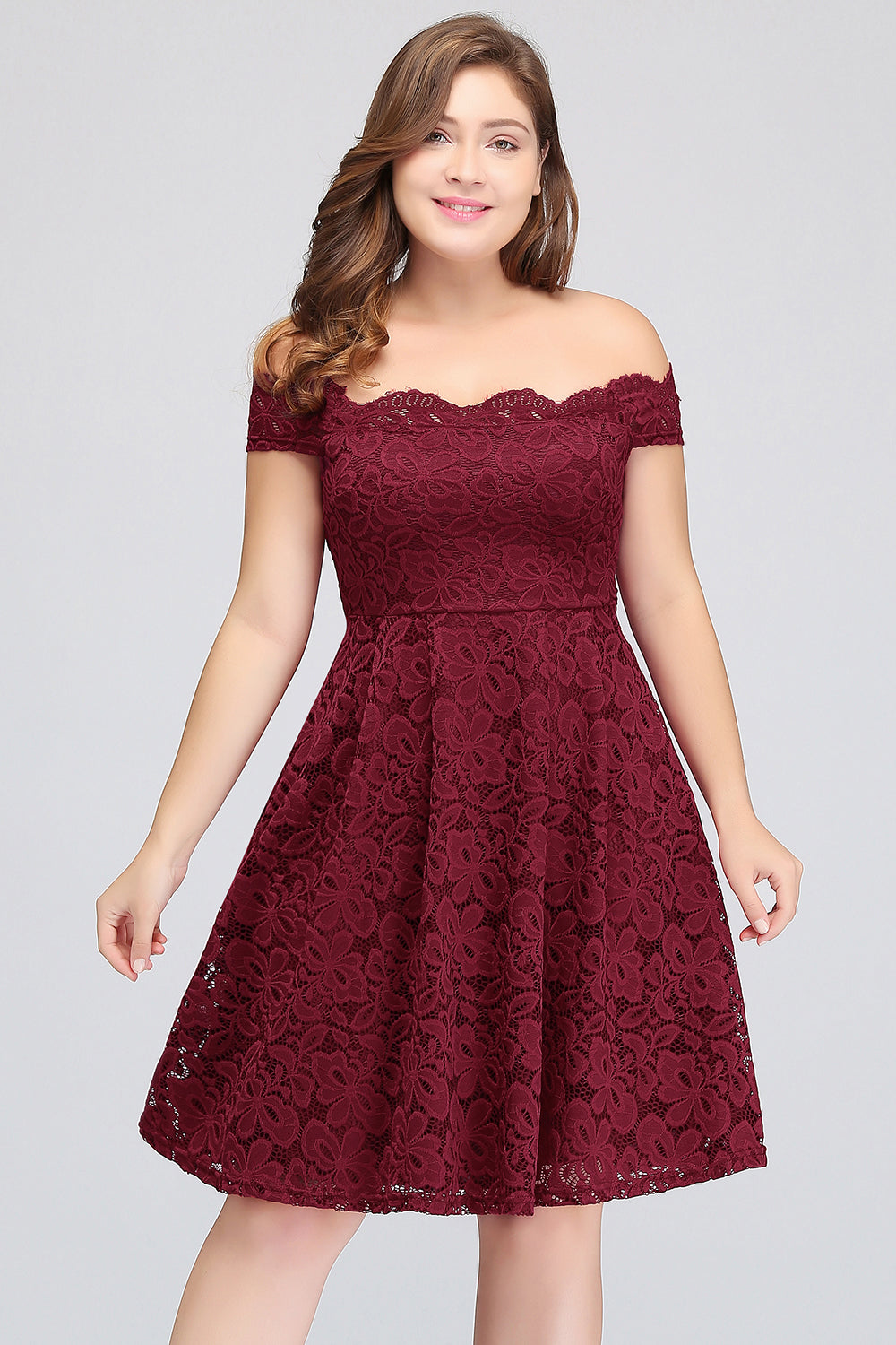 Burgundy Off The Shoulder Lace A-Line Bridesmaid Dress