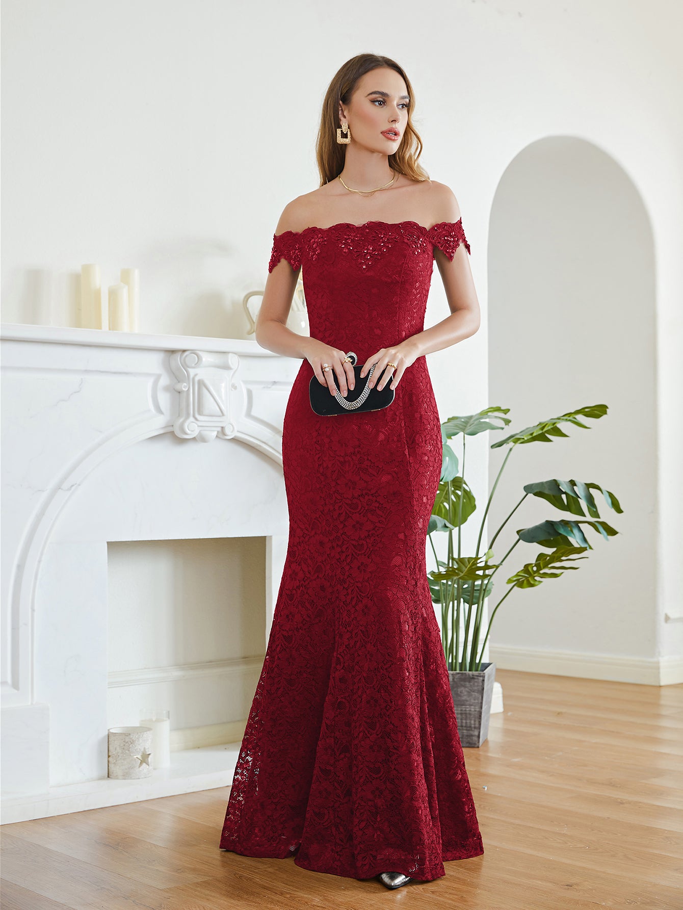 Burgundy Off The Shoulder Lace Mermaid Long Prom Dress