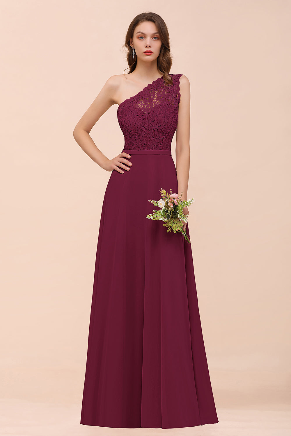 Burgundy One Shoulder Chiffon A-Line Long Bridesmaid Dress