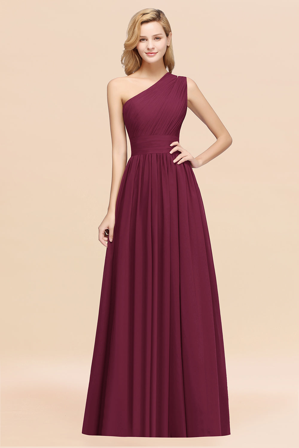 Burgundy One Shoulder Chiffon A-Line Long Bridesmaid Dress