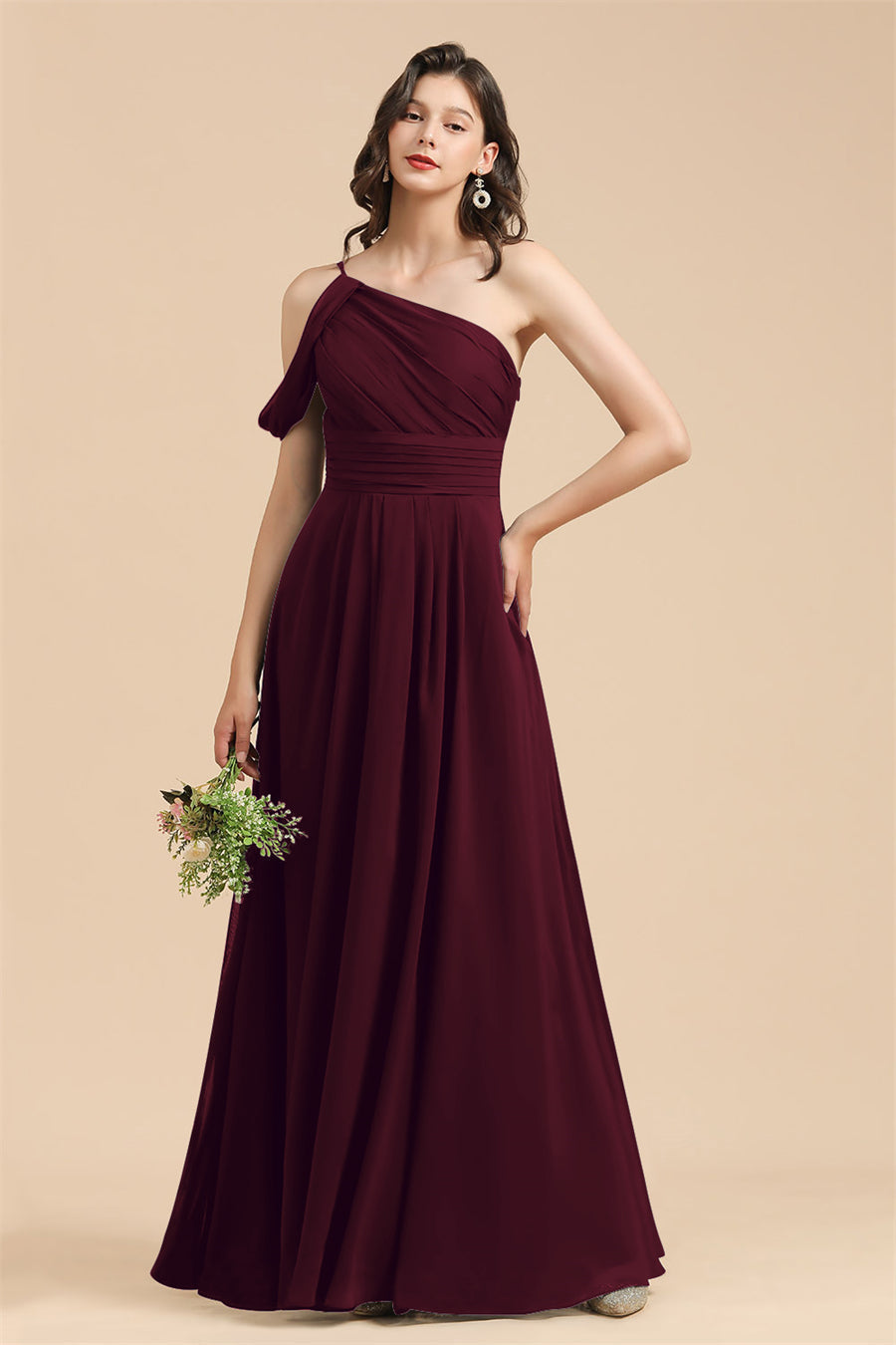 Burgundy One Shoulder Chiffon A-Line Long Bridesmaid Dress
