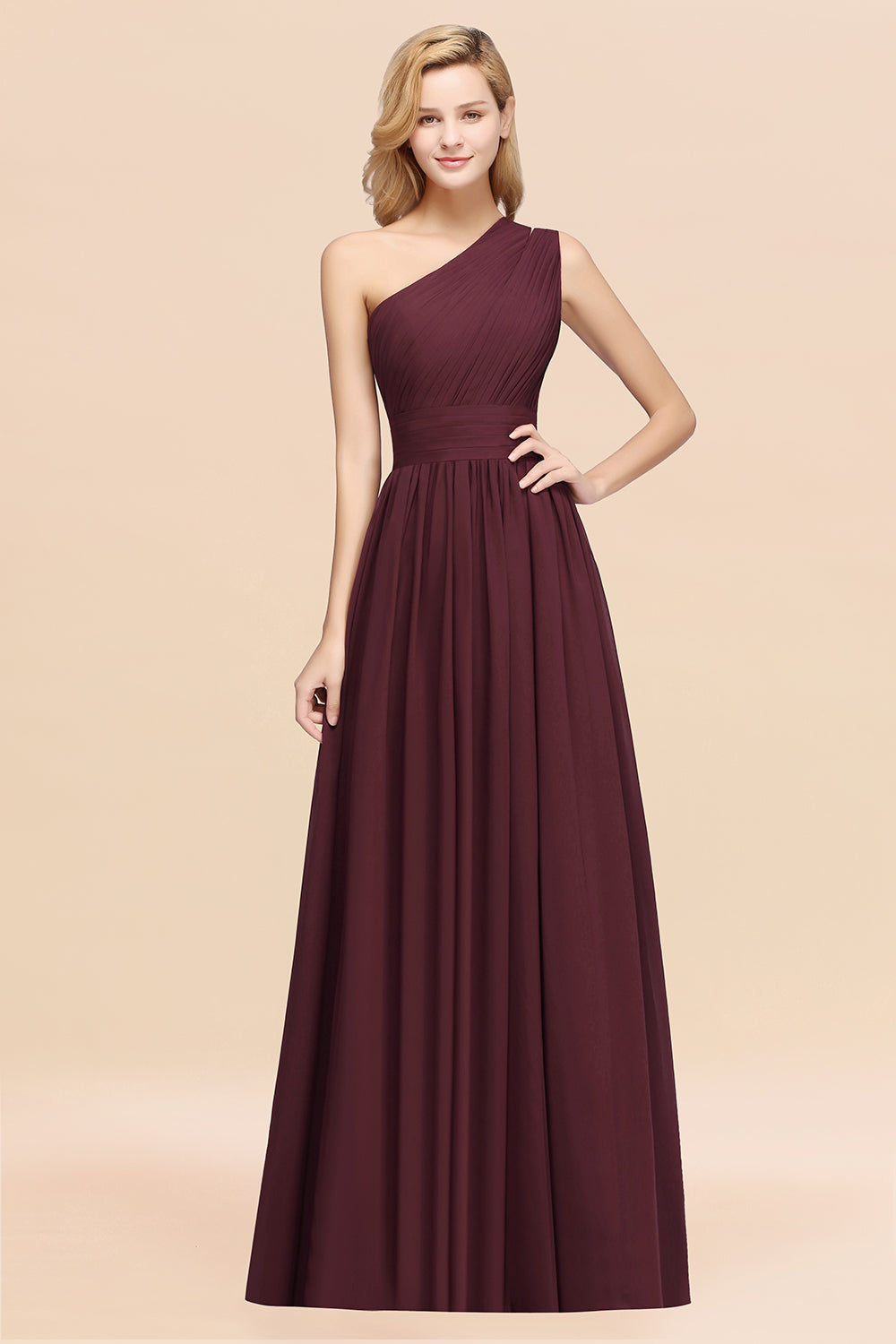 Burgundy One Shoulder Chiffon A-Line Long Bridesmaid Dress