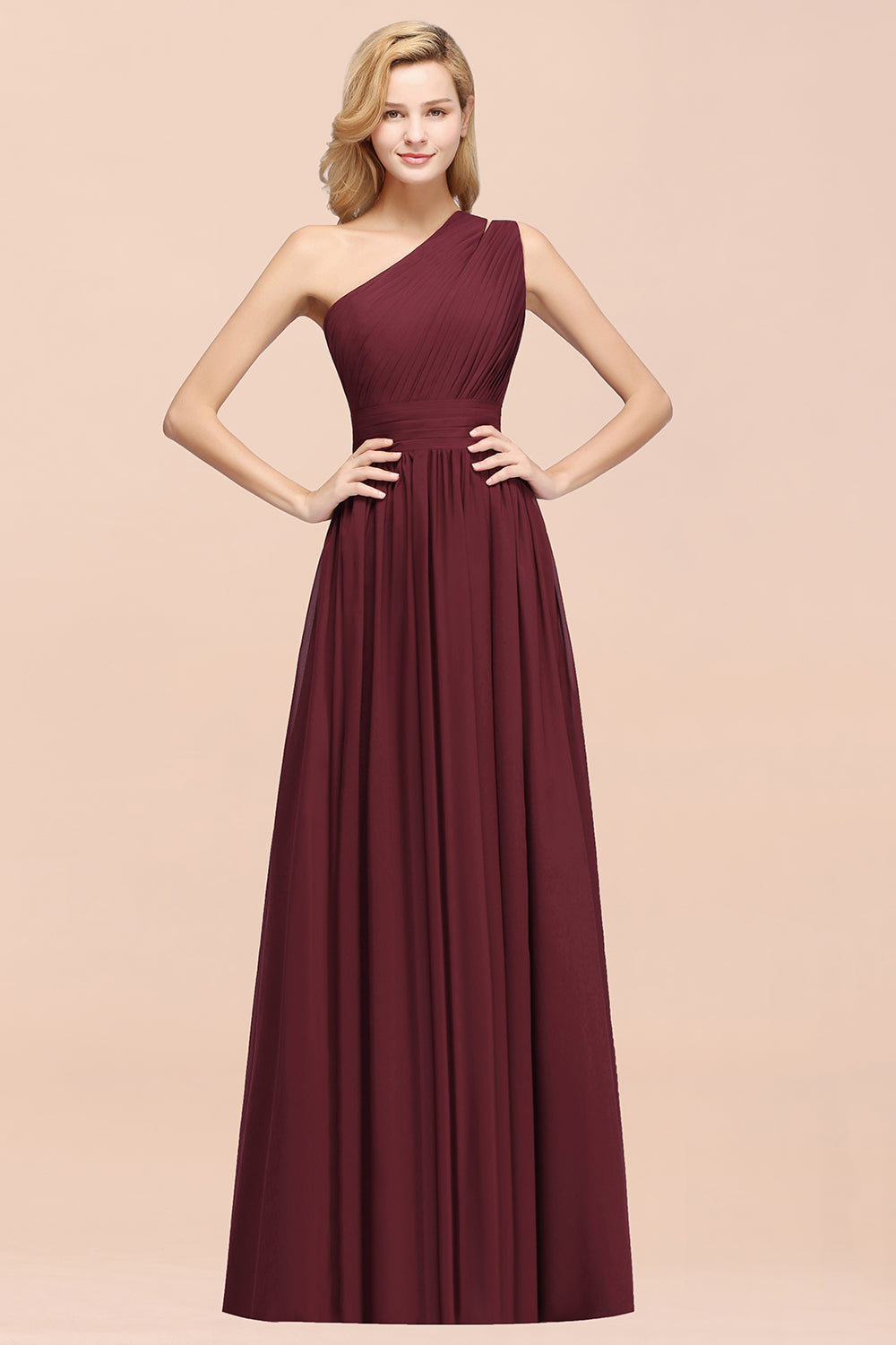 Burgundy One Shoulder Chiffon A-Line Long Bridesmaid Dress