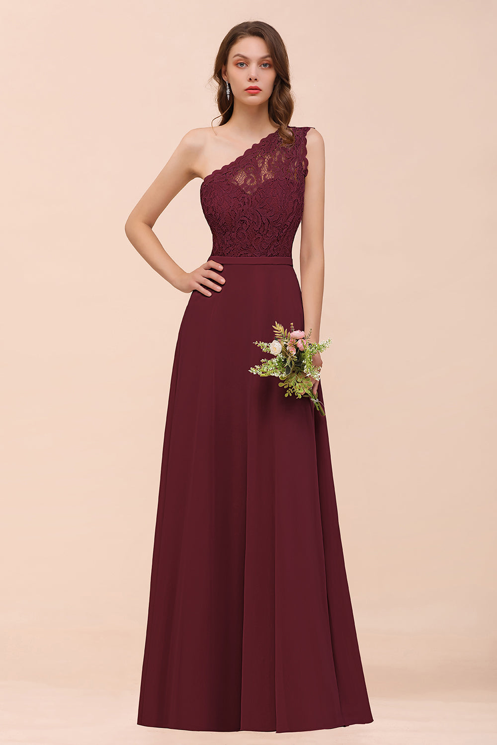 Burgundy One Shoulder Chiffon A-Line Long Bridesmaid Dress