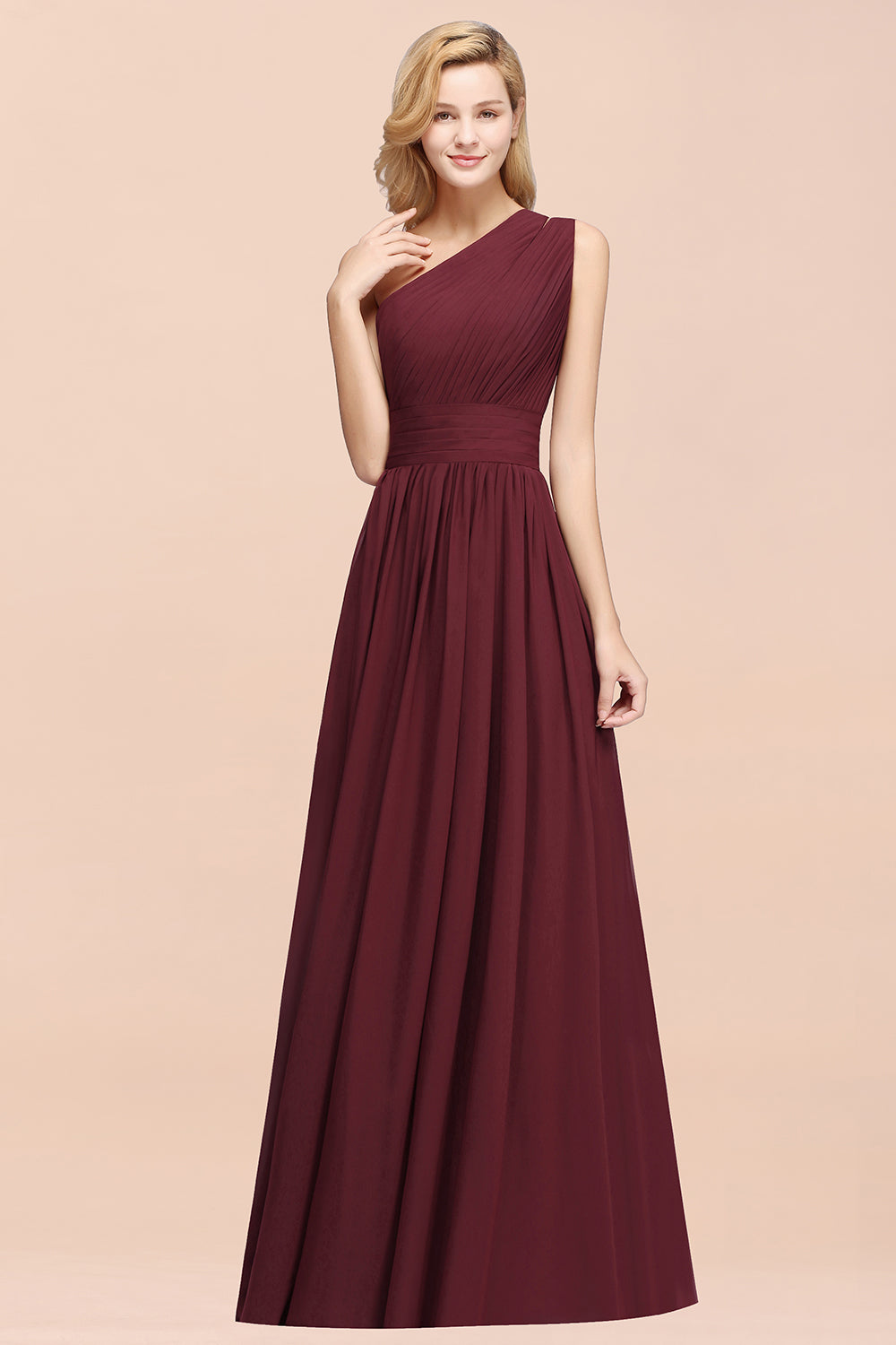 Burgundy One Shoulder Chiffon A-Line Long Bridesmaid Dress