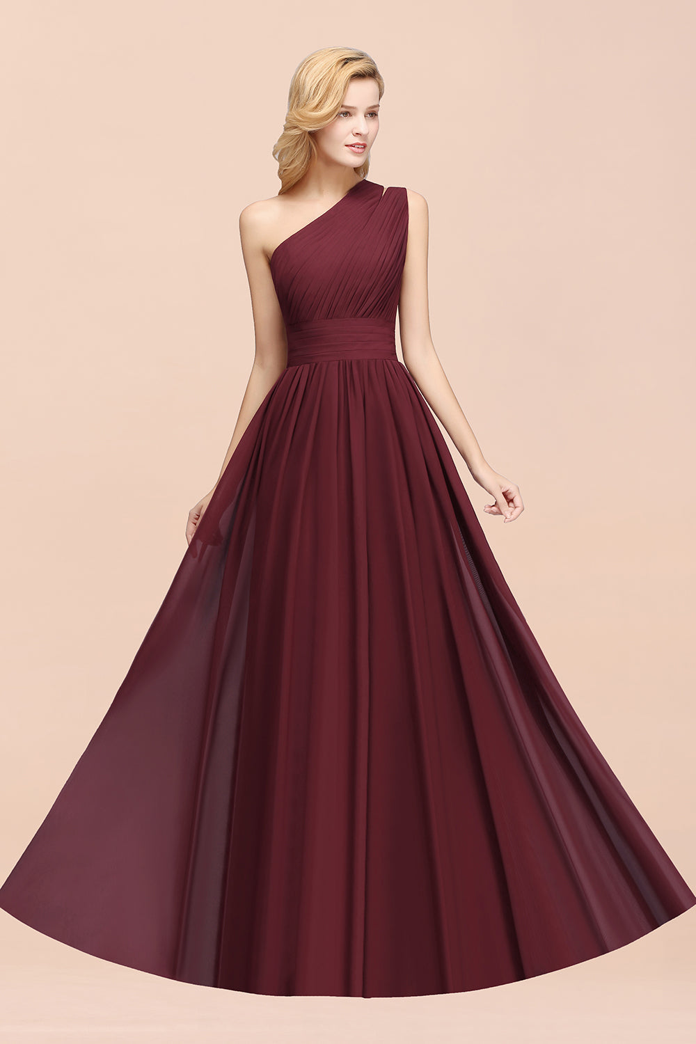 Burgundy One Shoulder Chiffon A-Line Long Bridesmaid Dress
