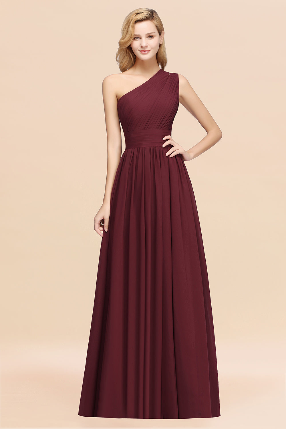 Burgundy One Shoulder Chiffon A-Line Long Bridesmaid Dress