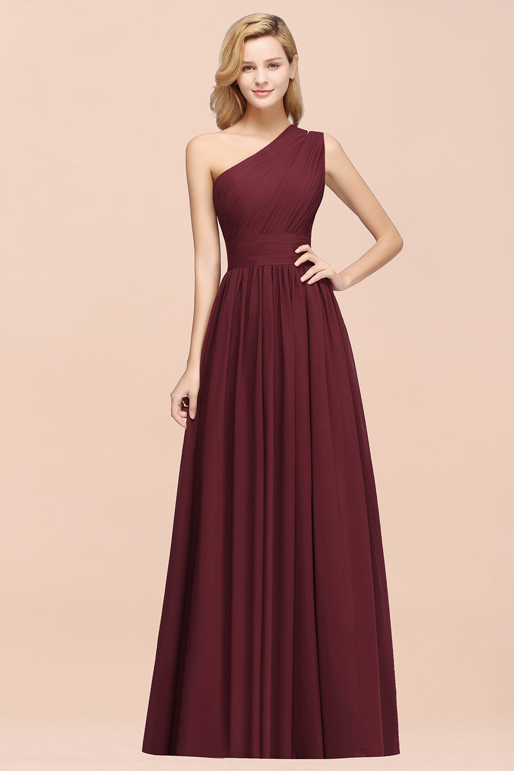 Burgundy One Shoulder Chiffon A-Line Long Bridesmaid Dress