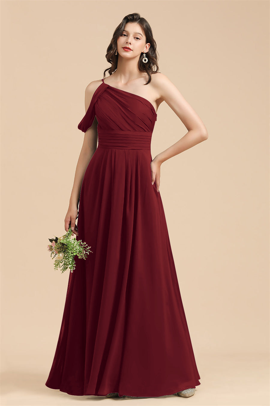 Burgundy One Shoulder Chiffon A-Line Long Bridesmaid Dress