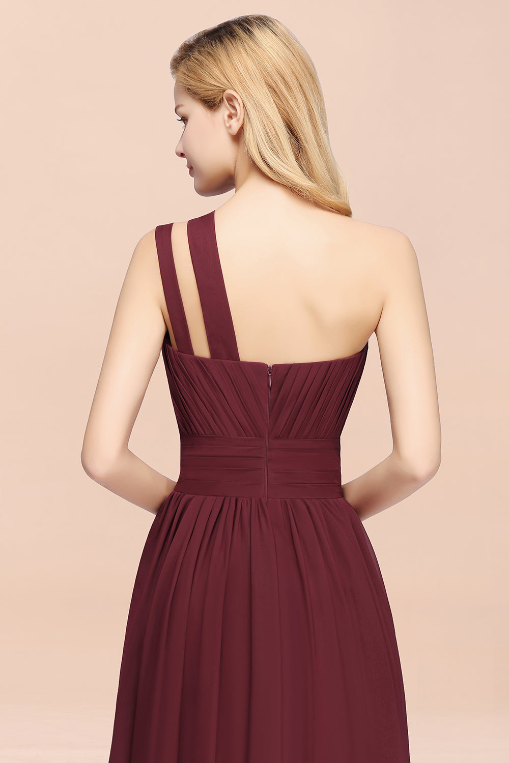 Burgundy One Shoulder Chiffon A-Line Long Bridesmaid Dress Back Detail