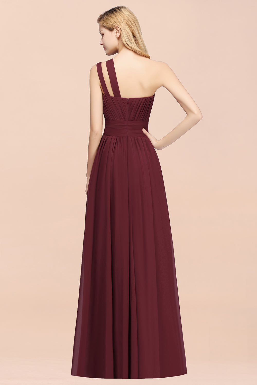 Burgundy One Shoulder Chiffon A-Line Long Bridesmaid Dress Back View