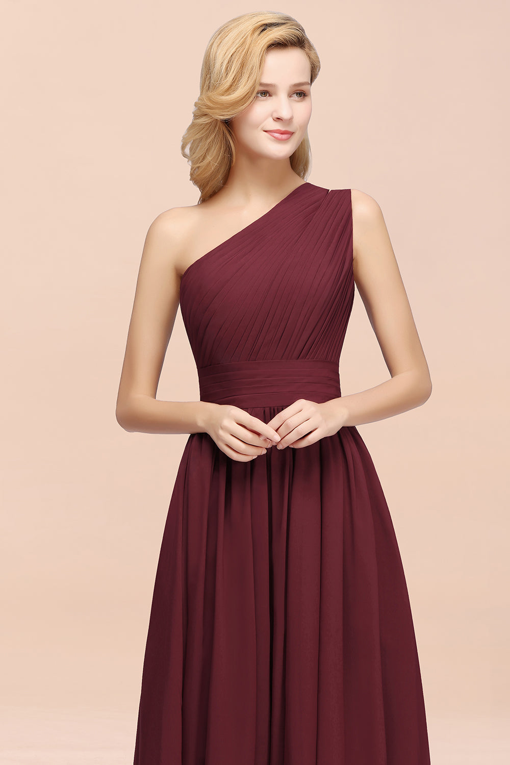 Burgundy One Shoulder Chiffon A-Line Long Bridesmaid Dress Bodice Detail