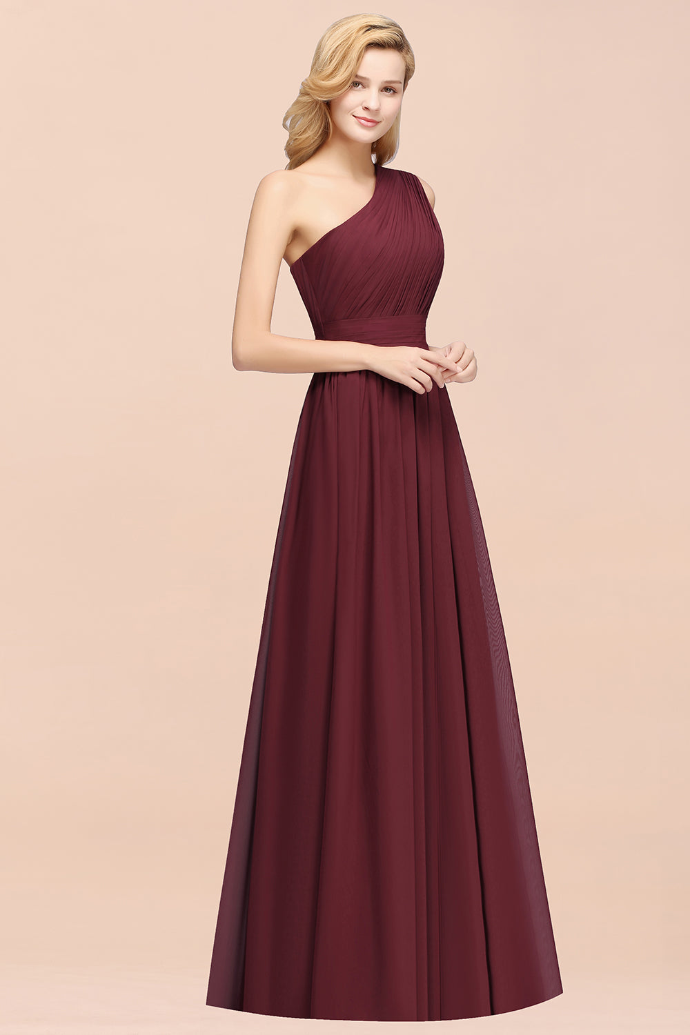 Burgundy One Shoulder Chiffon A-Line Long Bridesmaid Dress Side View