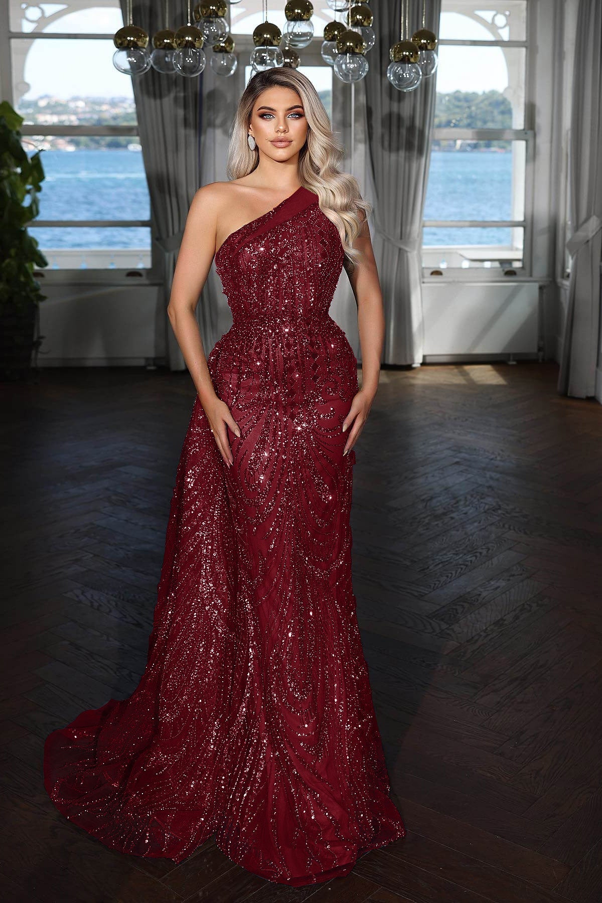 Burgundy One Shoulder Sequin Mermaid Long Prom Dress