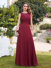 Burgundy Scoop Neck A-Line Long Bridesmaid Dress with Lace Appliques