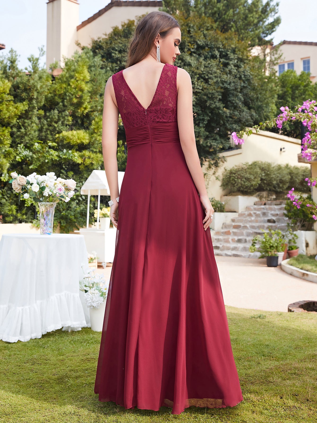 Burgundy Scoop Neck A-Line Long Bridesmaid Dress with Lace Appliques Back View