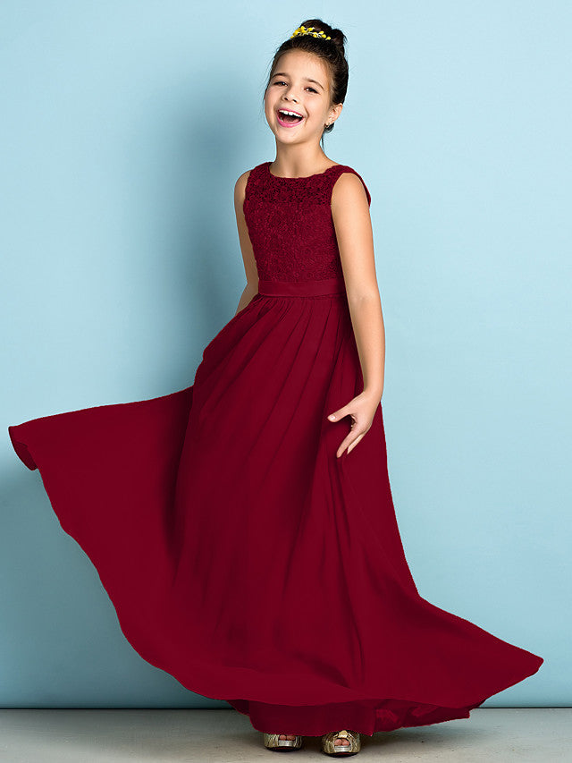 Burgundy Scoop Neck Chiffon A-Line Flower Girl Dress