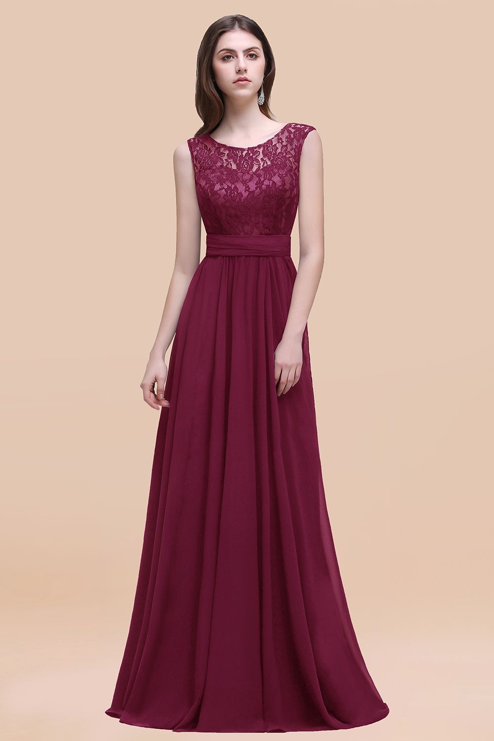 Burgundy Scoop Neck Chiffon A-Line Long Bridesmaid Dress