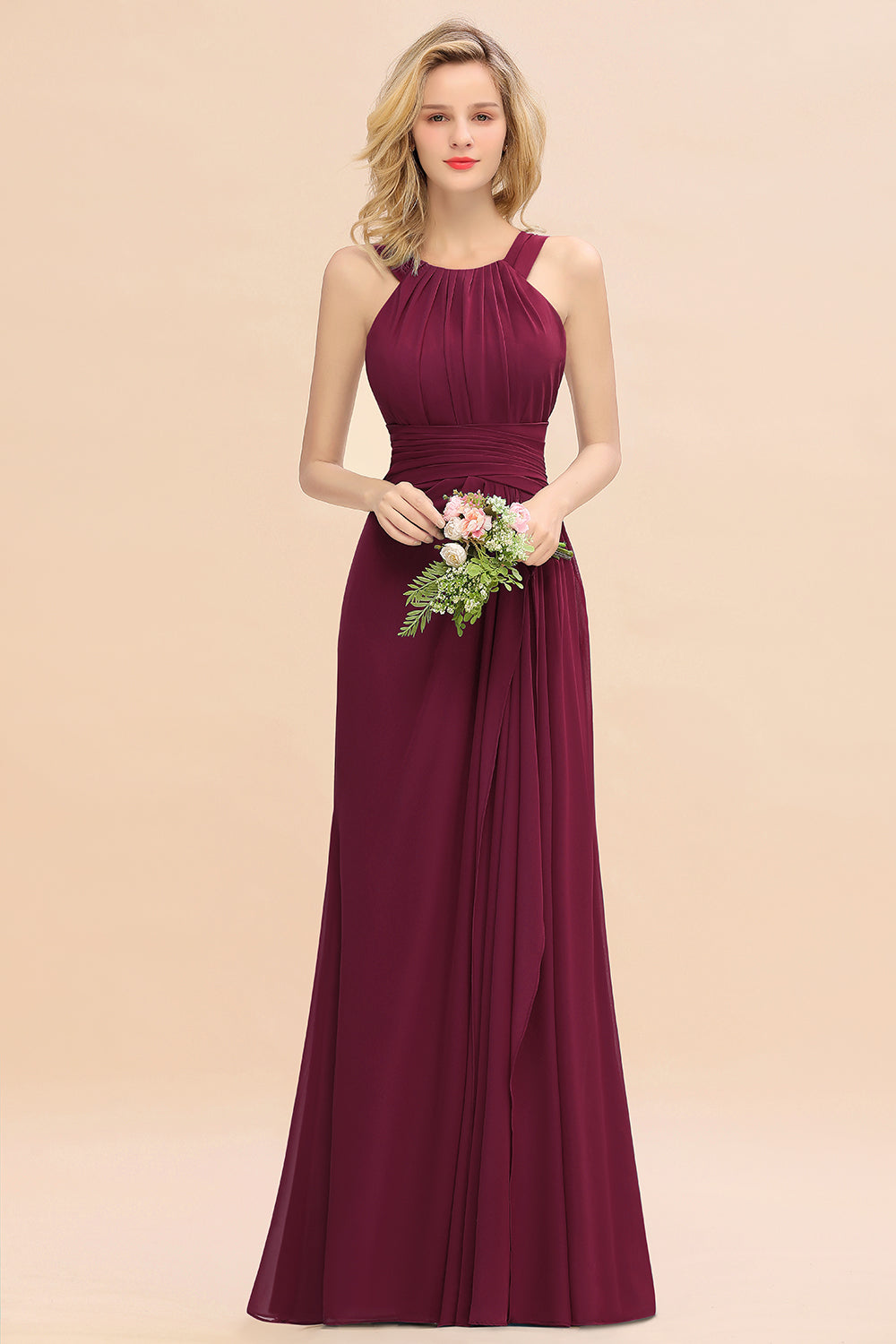 Burgundy Scoop Neck Chiffon A-Line Long Bridesmaid Dress