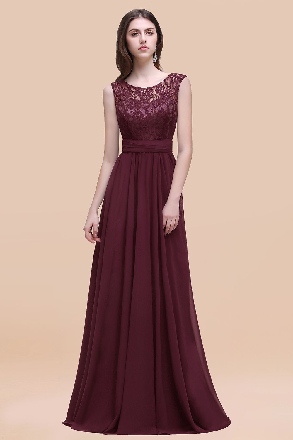 Burgundy Scoop Neck Chiffon A-Line Long Bridesmaid Dress
