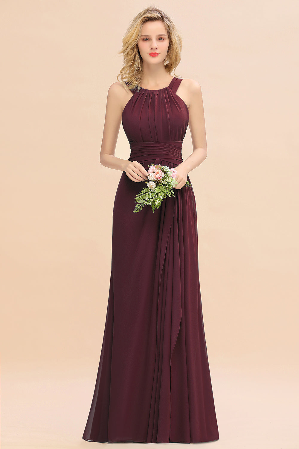 Burgundy Scoop Neck Chiffon A-Line Long Bridesmaid Dress