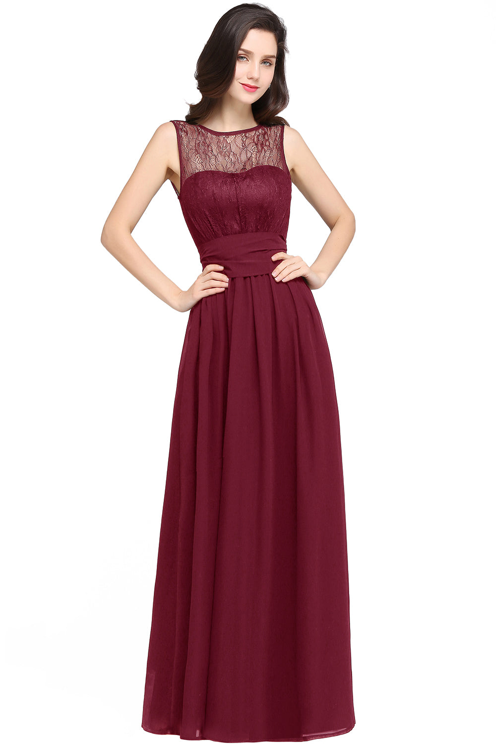 Burgundy Scoop Neck Chiffon A-Line Long Bridesmaid Dress