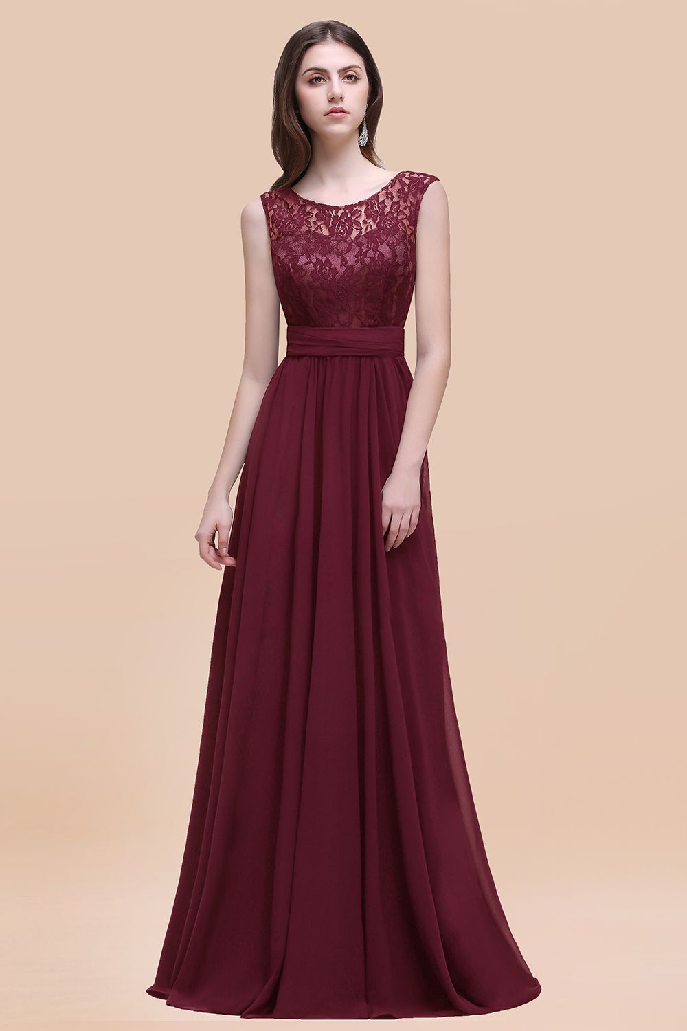 Burgundy Scoop Neck Chiffon A-Line Long Bridesmaid Dress