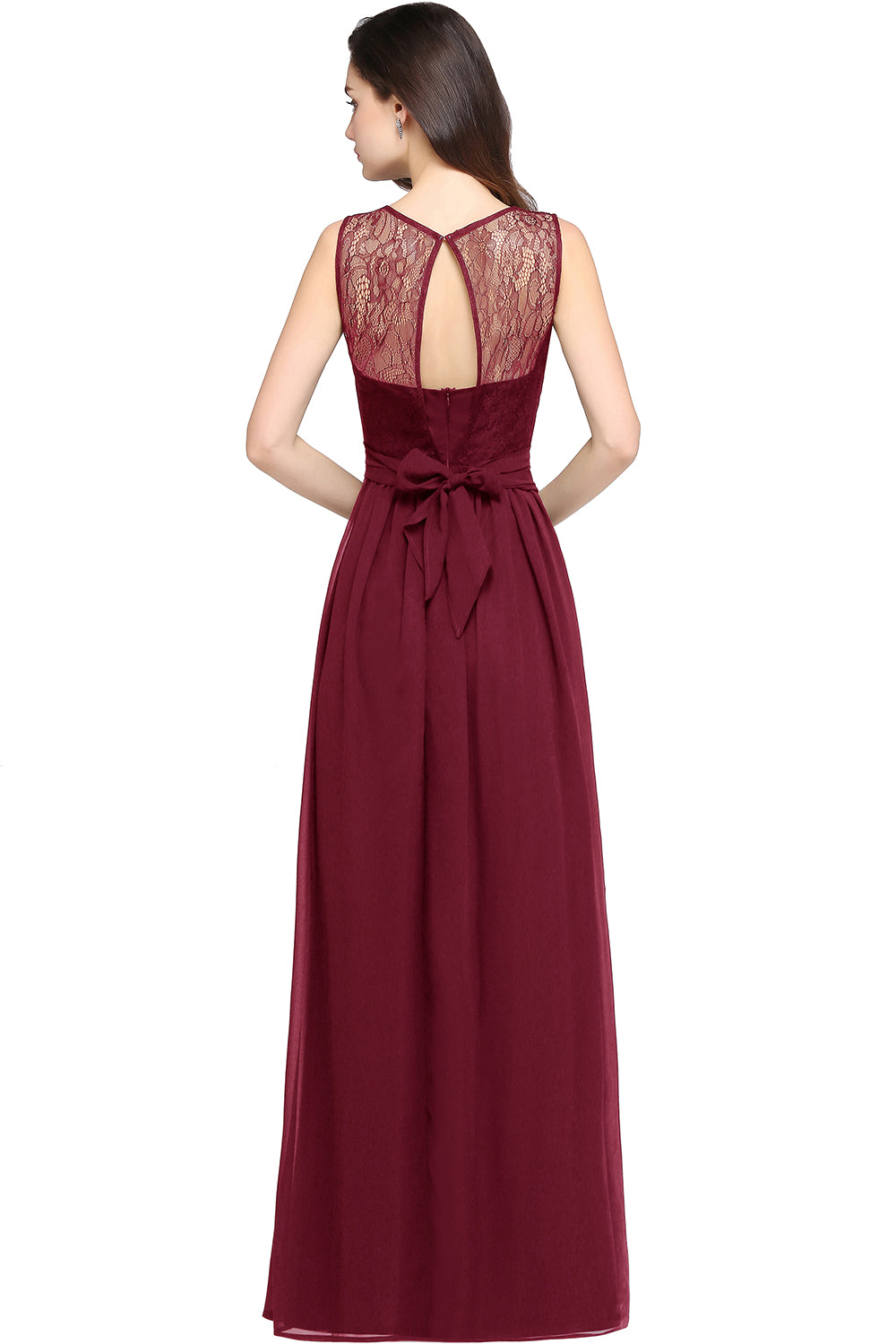 Burgundy Scoop Neck Chiffon A-Line Long Bridesmaid Dress Back View