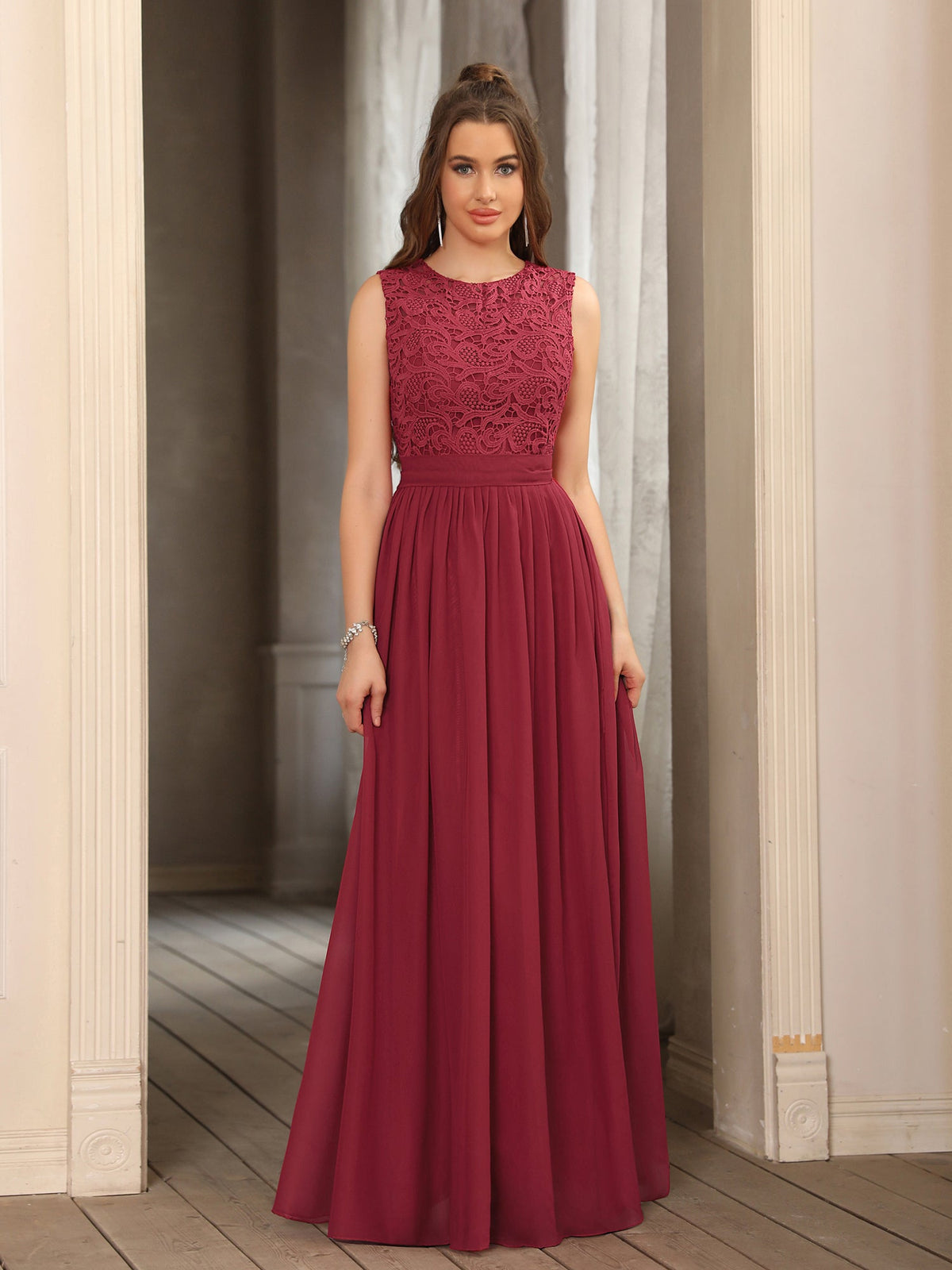 Burgundy Scoop Neck Chiffon A-Line Long Bridesmaid Dress with Lace Appliques and Pleats