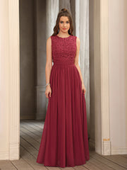 Burgundy Scoop Neck Chiffon A-Line Long Bridesmaid Dress with Lace Appliques and Pleats