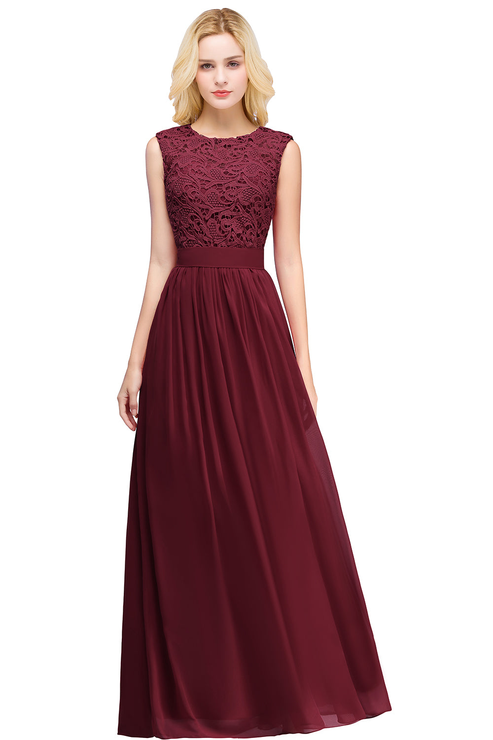 Burgundy Scoop Neck Chiffon A-Line Long Bridesmaid Dress with Lace Appliques and Pleats