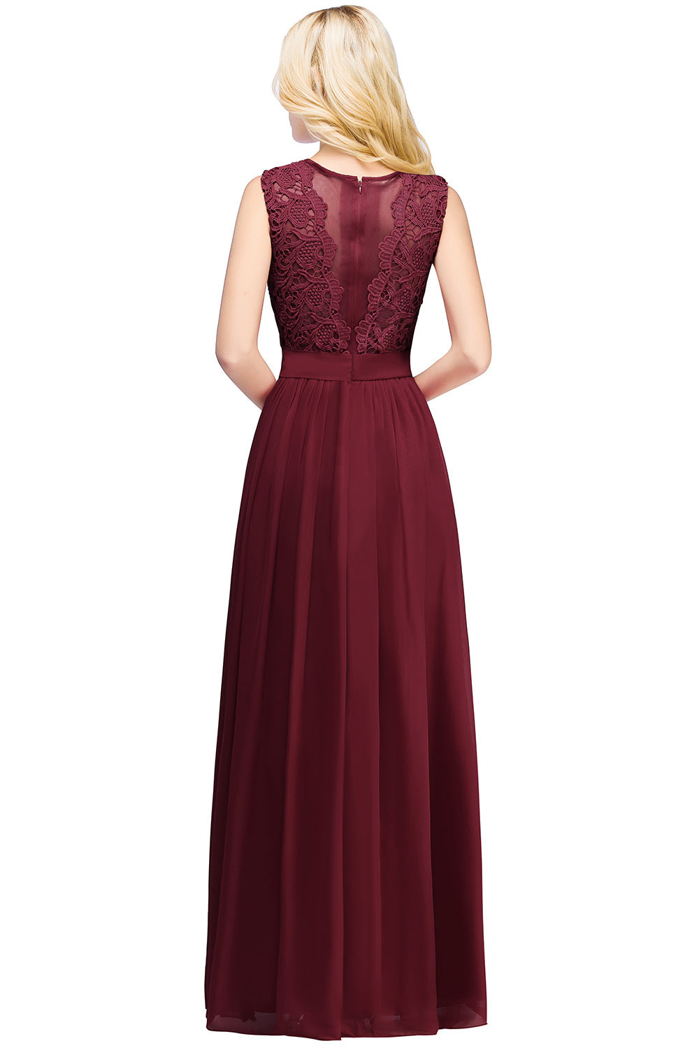 Burgundy Scoop Neck Chiffon A-Line Long Bridesmaid Dress with Lace Appliques and Pleats Back View
