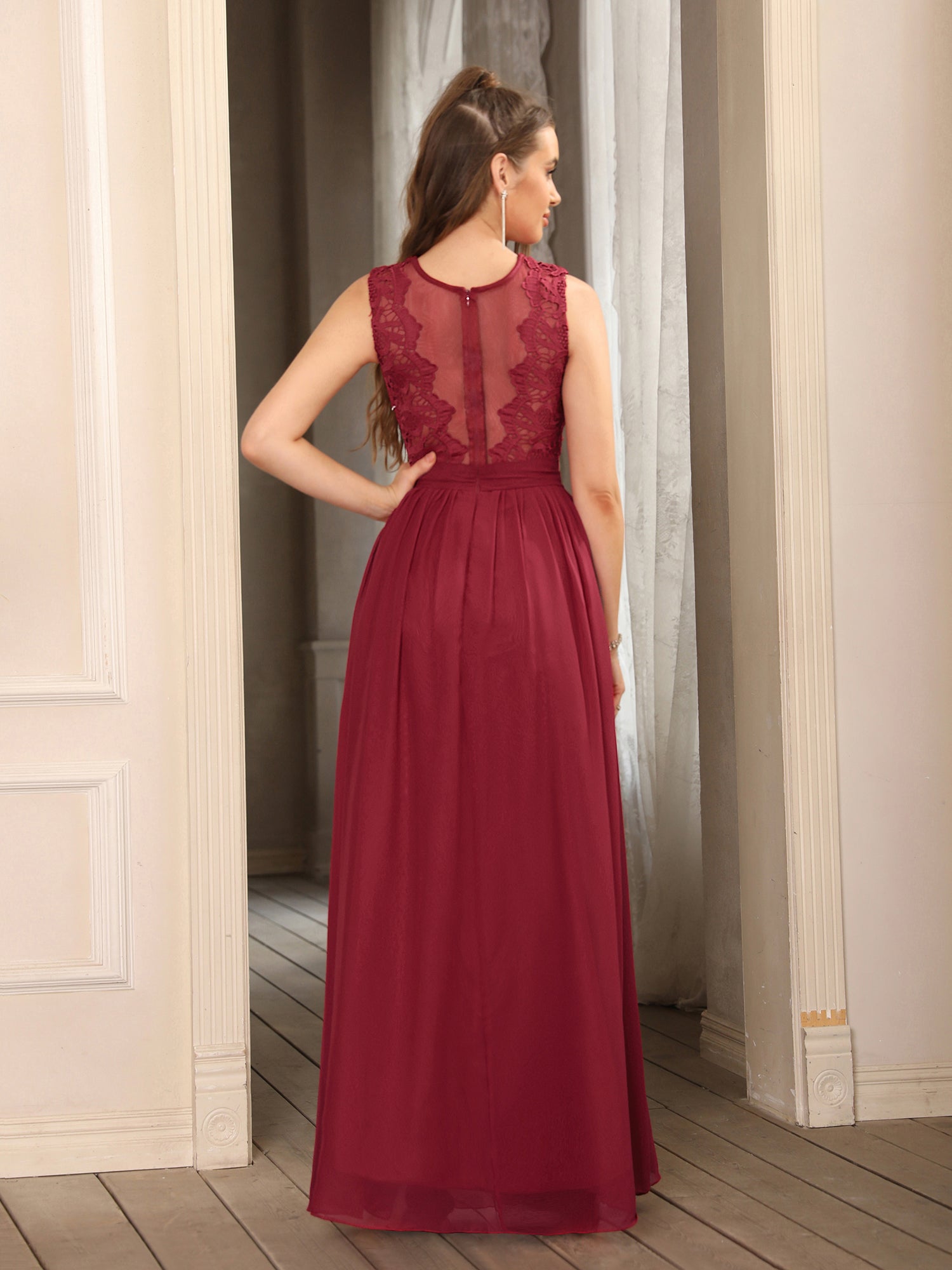 Burgundy Scoop Neck Chiffon A-Line Long Bridesmaid Dress with Lace Appliques and Pleats Back View