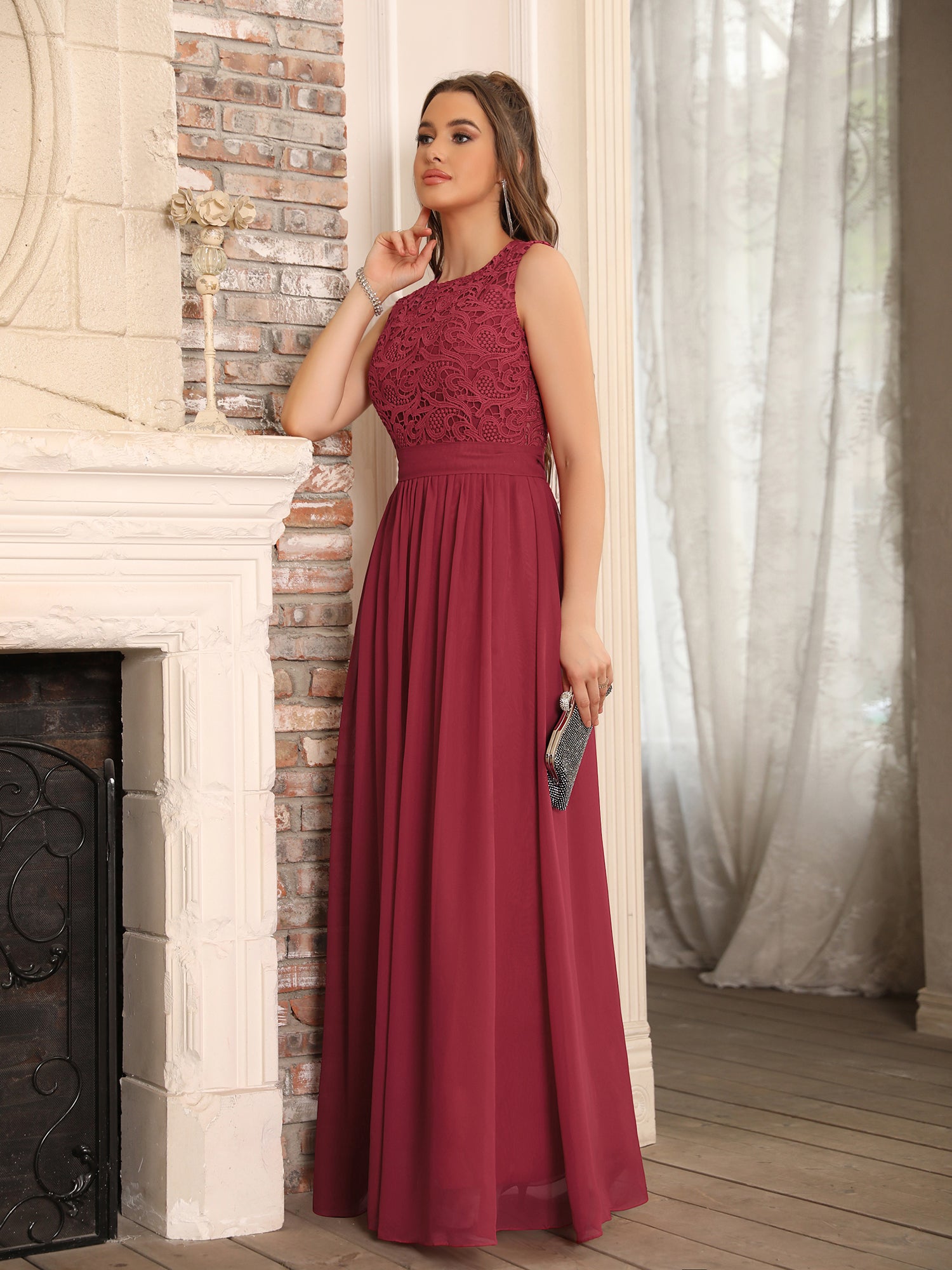 Burgundy Scoop Neck Chiffon A-Line Long Bridesmaid Dress with Lace Appliques and Pleats