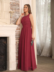 Burgundy Scoop Neck Chiffon A-Line Long Bridesmaid Dress with Lace Appliques and Pleats