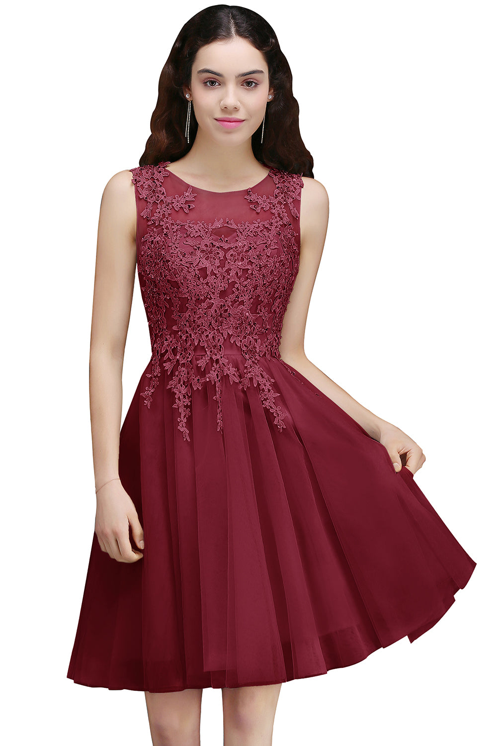 Burgundy Scoop Neck Tulle A-Line Bridesmaid Dress with Lace Appliques