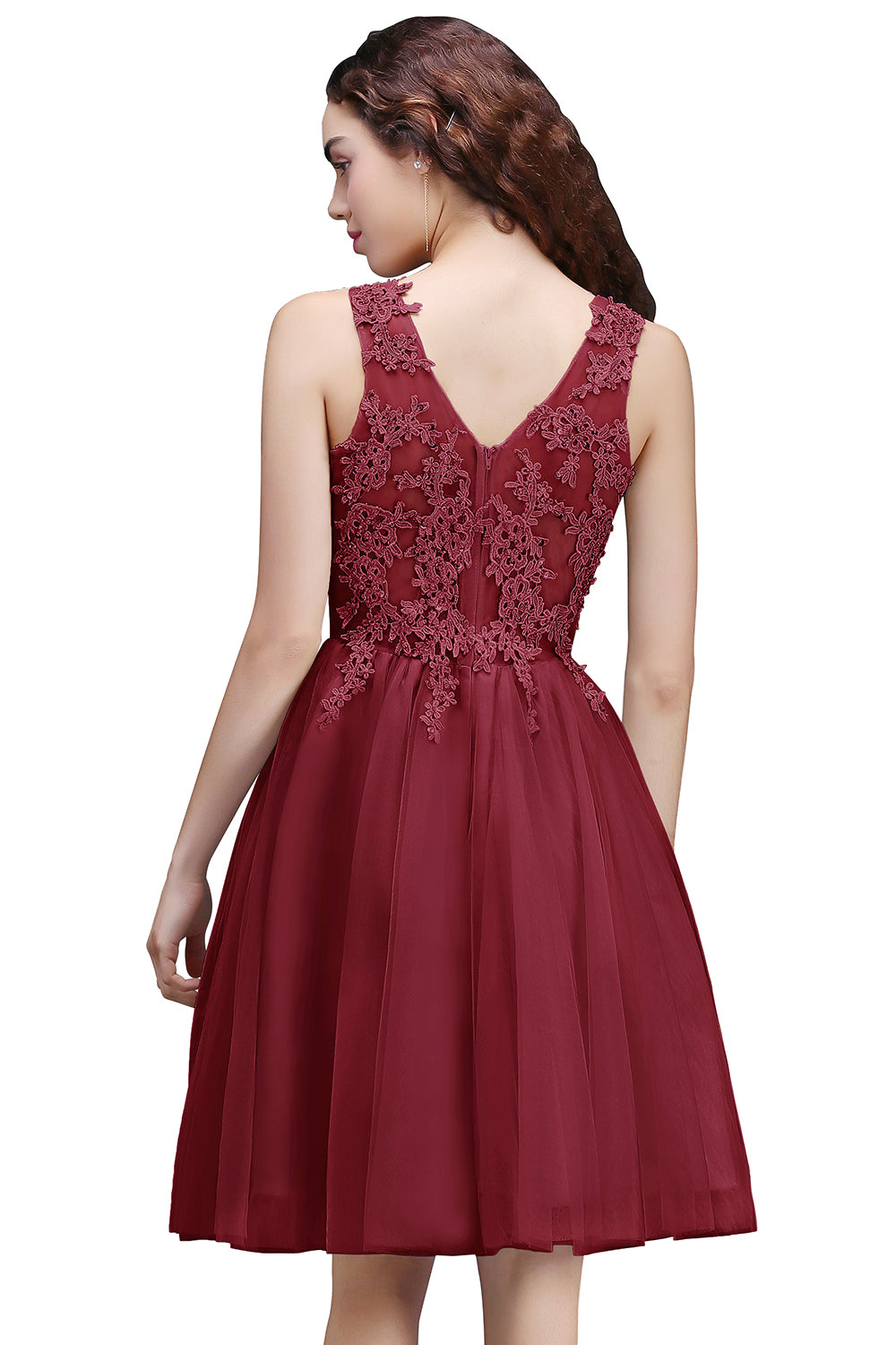 Burgundy Scoop Neck Tulle A-Line Bridesmaid Dress with Lace Appliques Back View