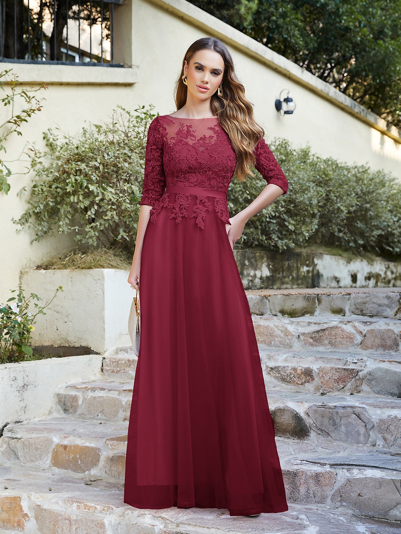 Burgundy Scoop Neck Tulle A-Line Long Bridesmaid Dress