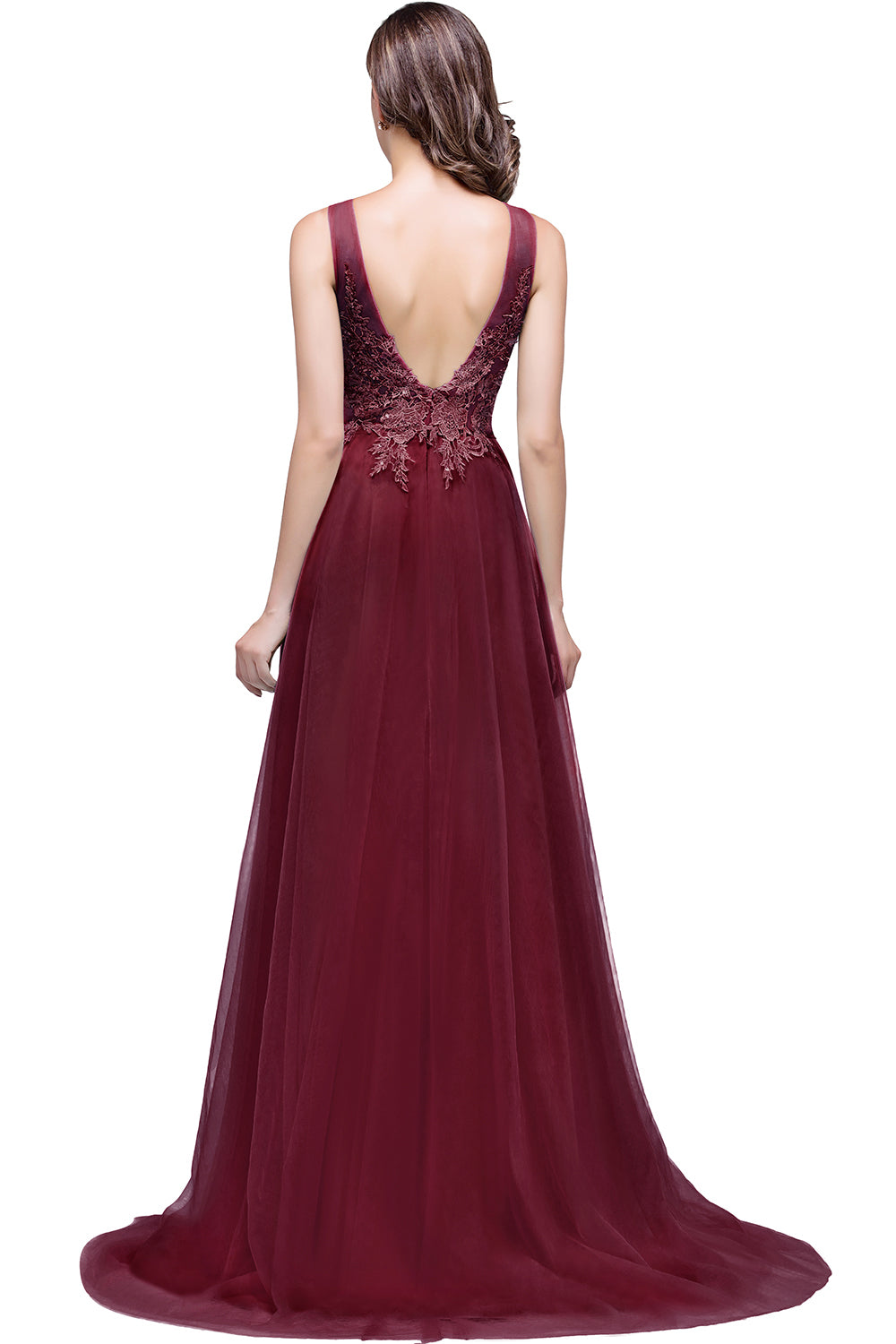 Burgundy Scoop Neck Tulle A-Line Long Bridesmaid Dress Back View