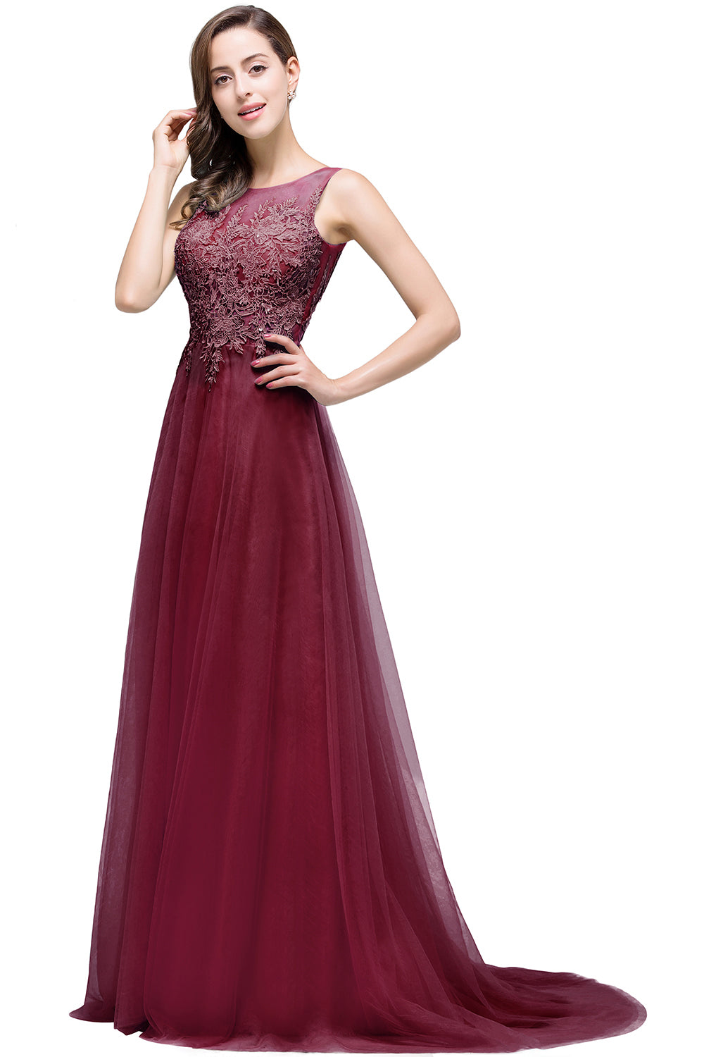 Burgundy Scoop Neck Tulle A-Line Long Bridesmaid Dress