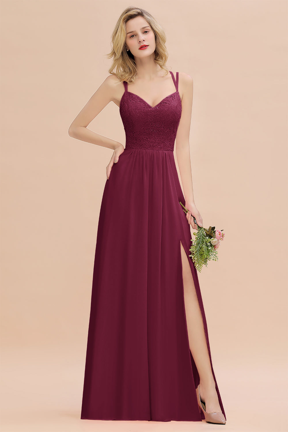 Burgundy Sweetheart Chiffon A-Line Long Bridesmaid Dress with Slit