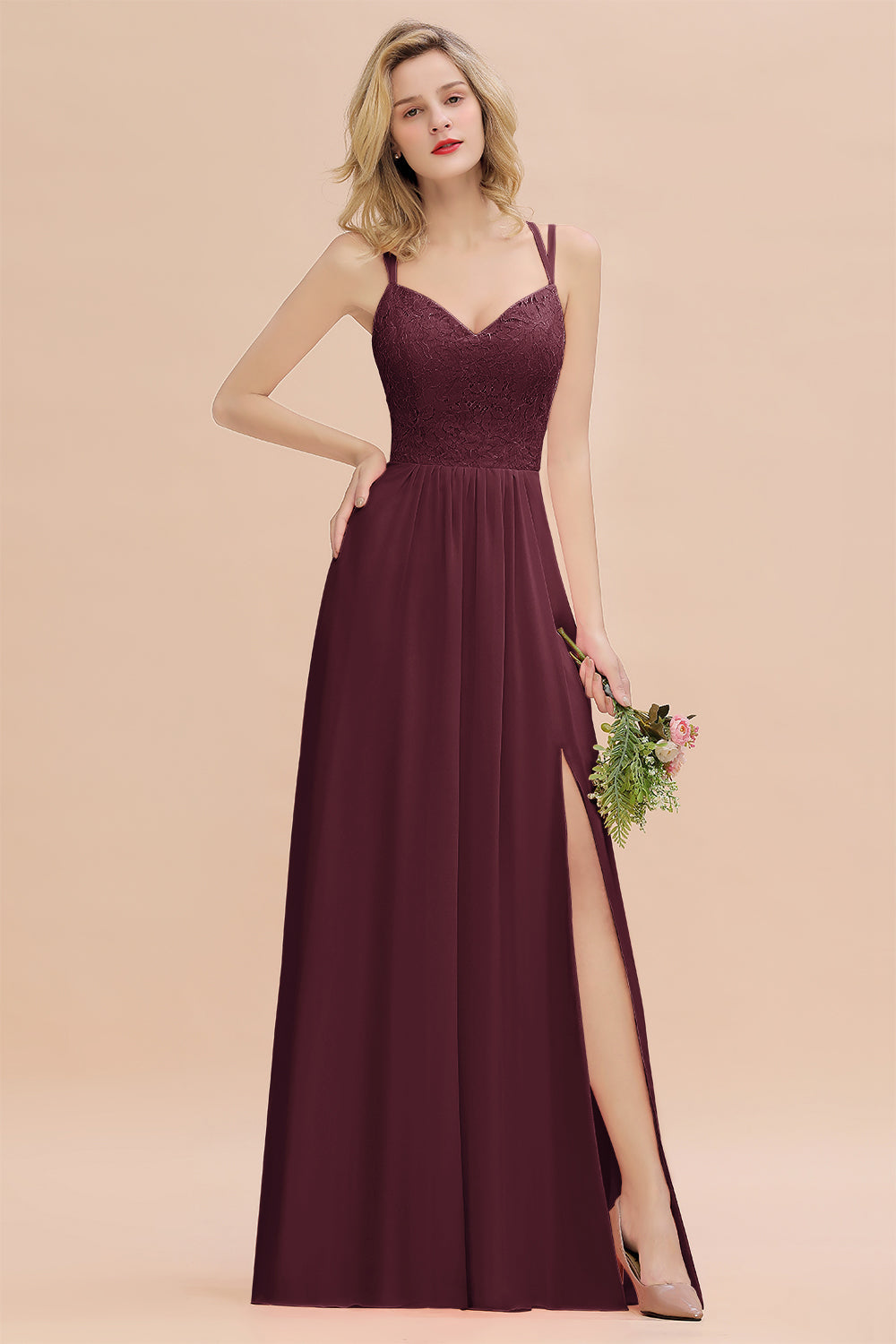 Burgundy Sweetheart Chiffon A-Line Long Bridesmaid Dress with Slit