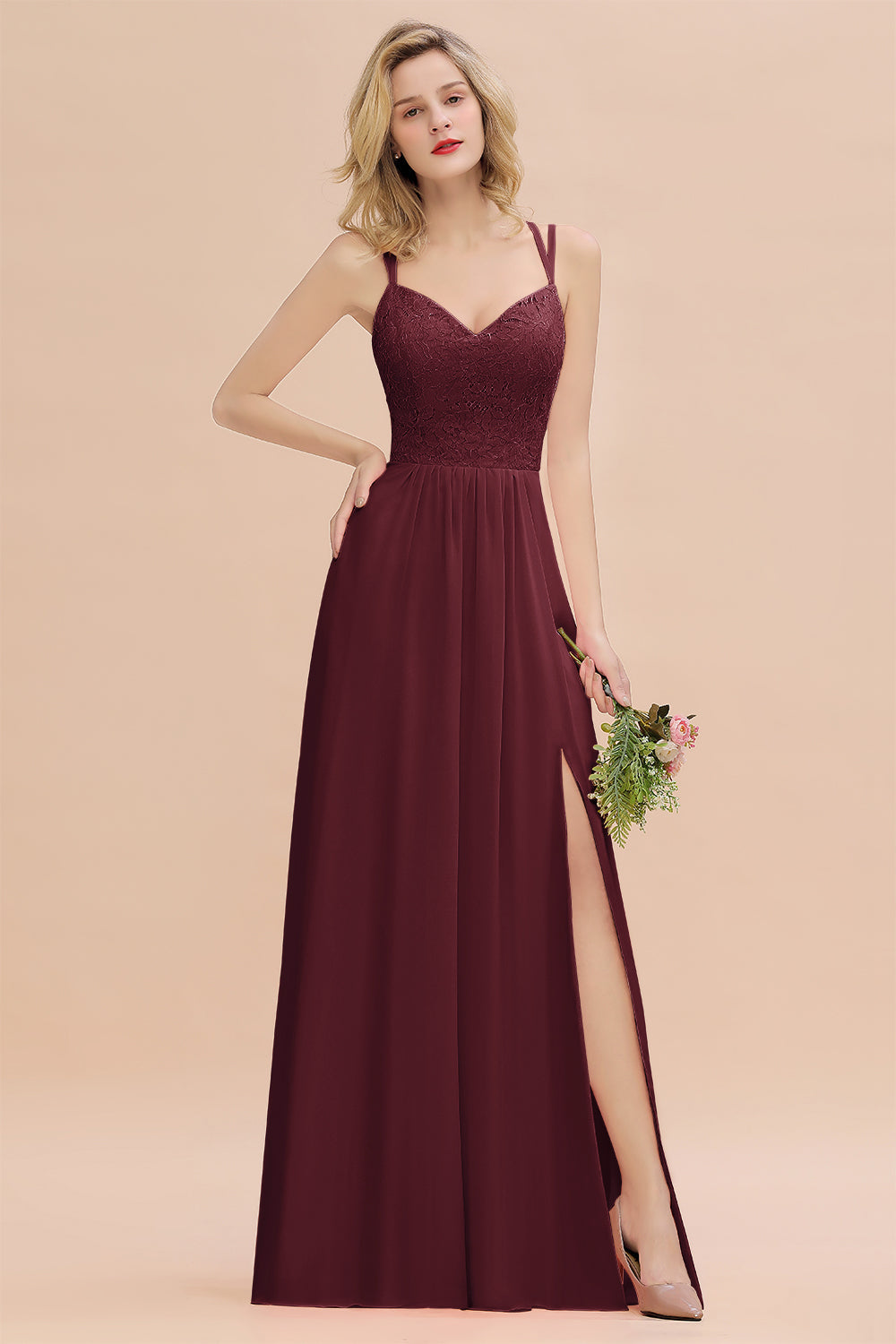 Burgundy Sweetheart Chiffon A-Line Long Bridesmaid Dress with Slit
