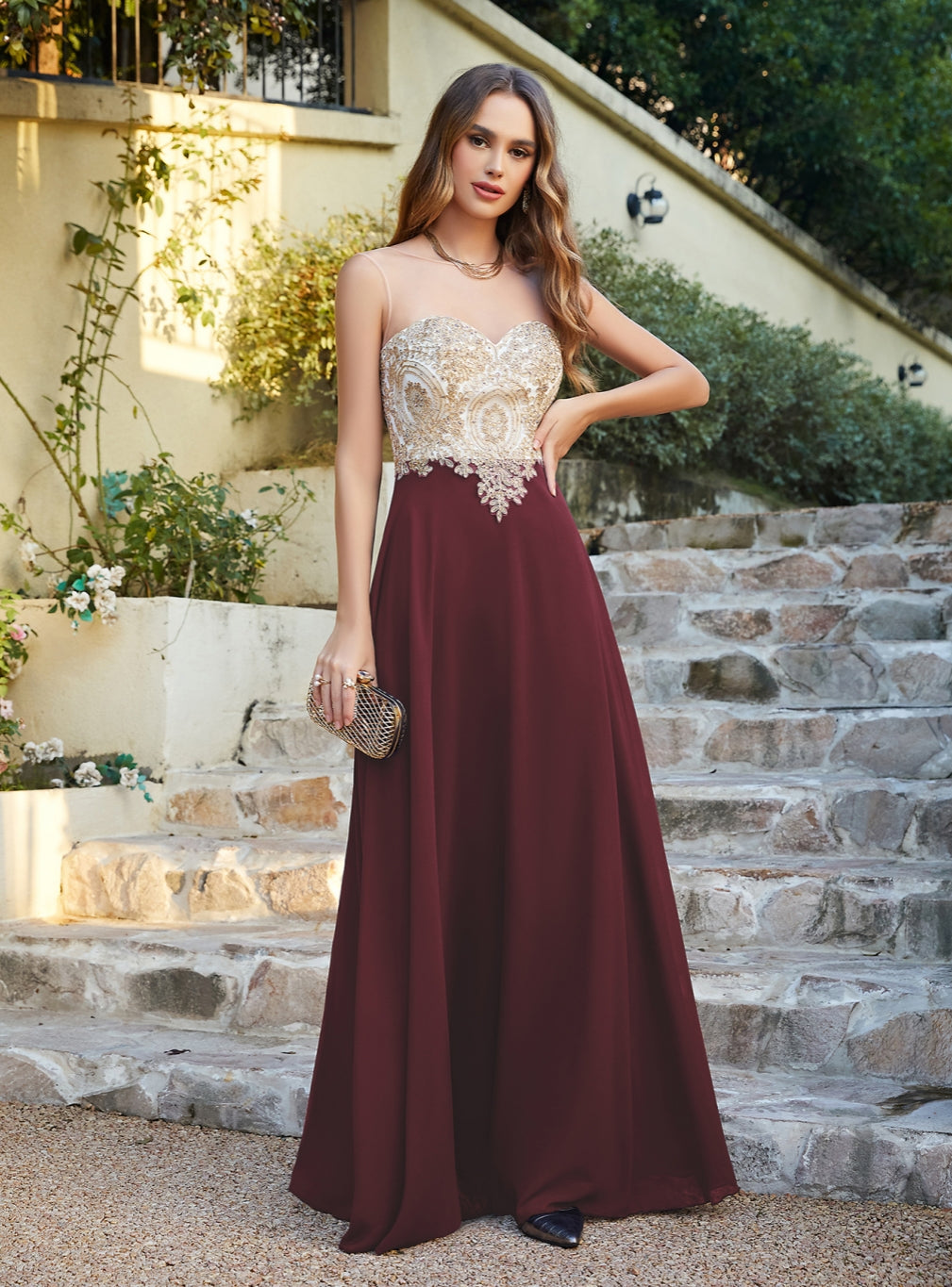 Burgundy Sweetheart Chiffon A-Line Long Bridesmaid Dress