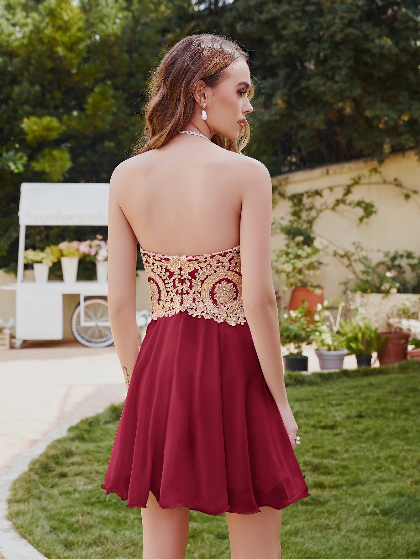Burgundy Sweetheart Chiffon A-Line Short Bridesmaid Dress Back View